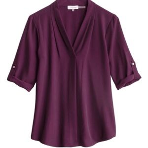 NWT:  Calvin Klein V-Neck Roll Sleeve Blouse Deep Purple